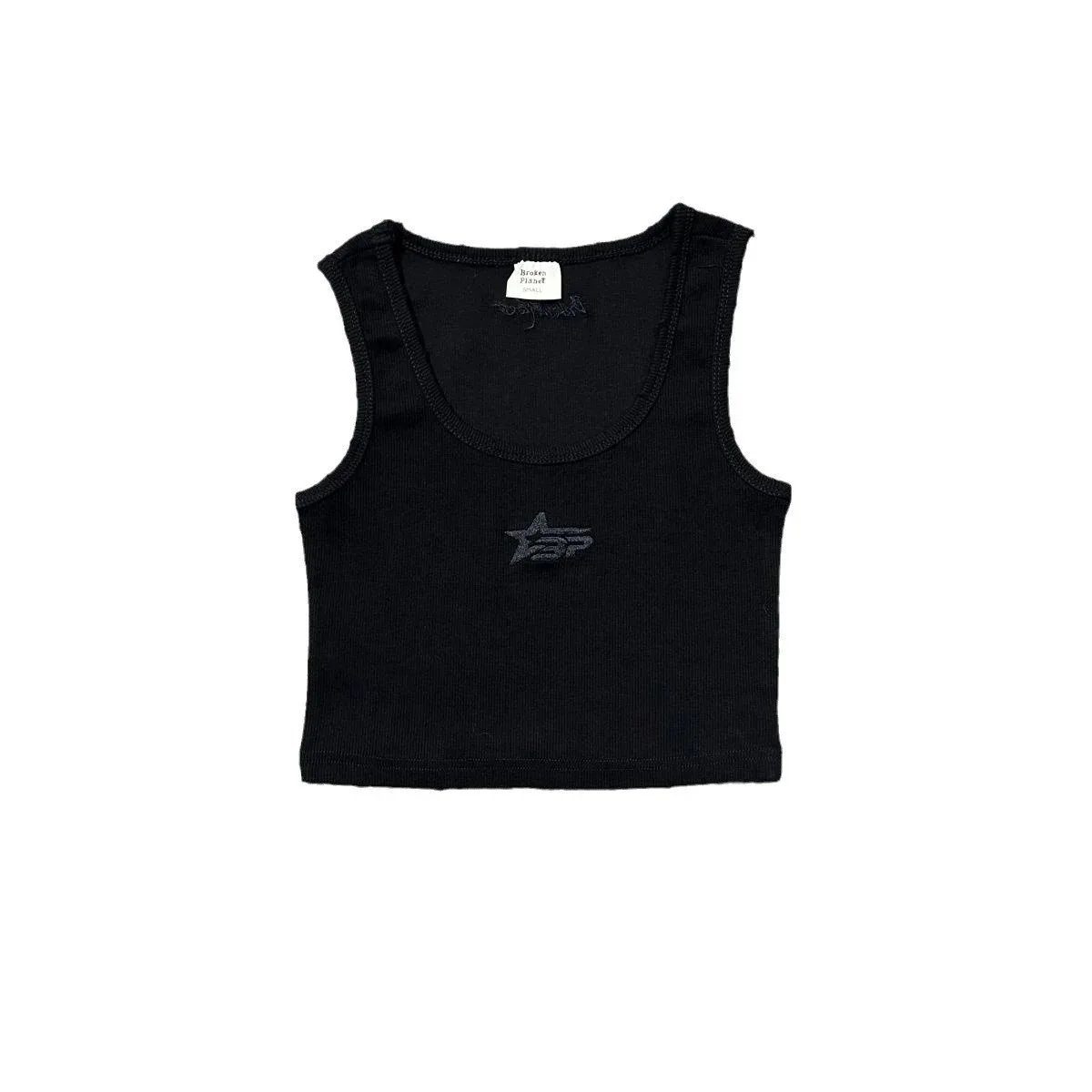Broken Planet Ribbed Crop Tank Top Black And Beige Star Logo