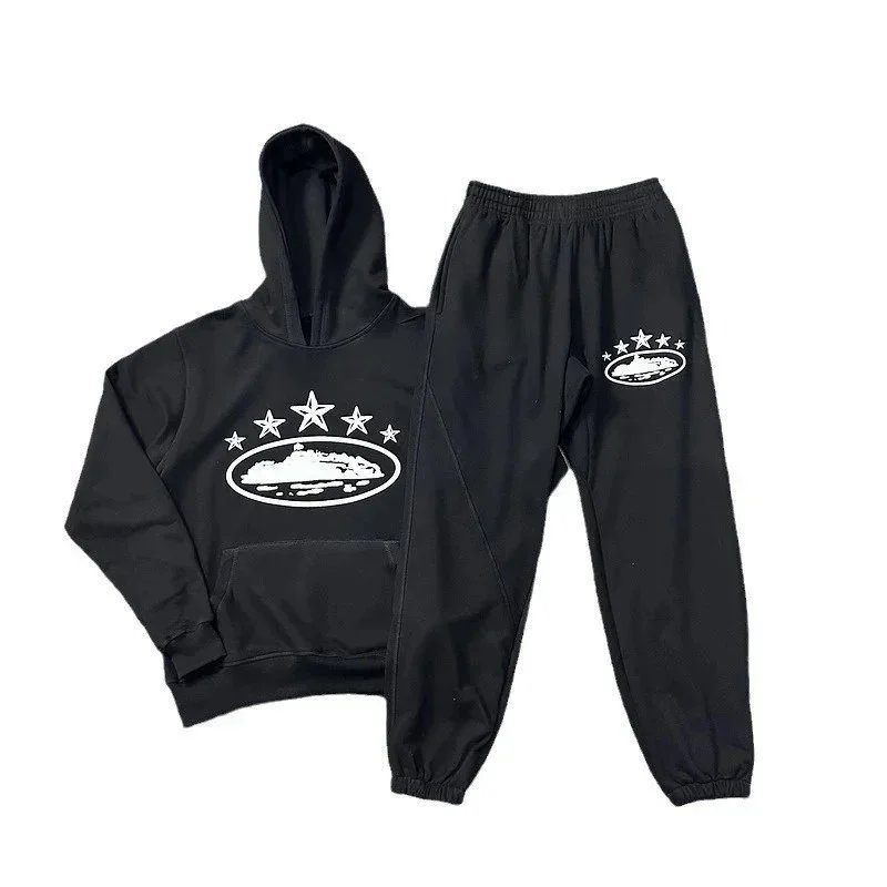 Graphic Hooded Sweatshirt Set Gray Light Blue Black White Olive Green Streetwear