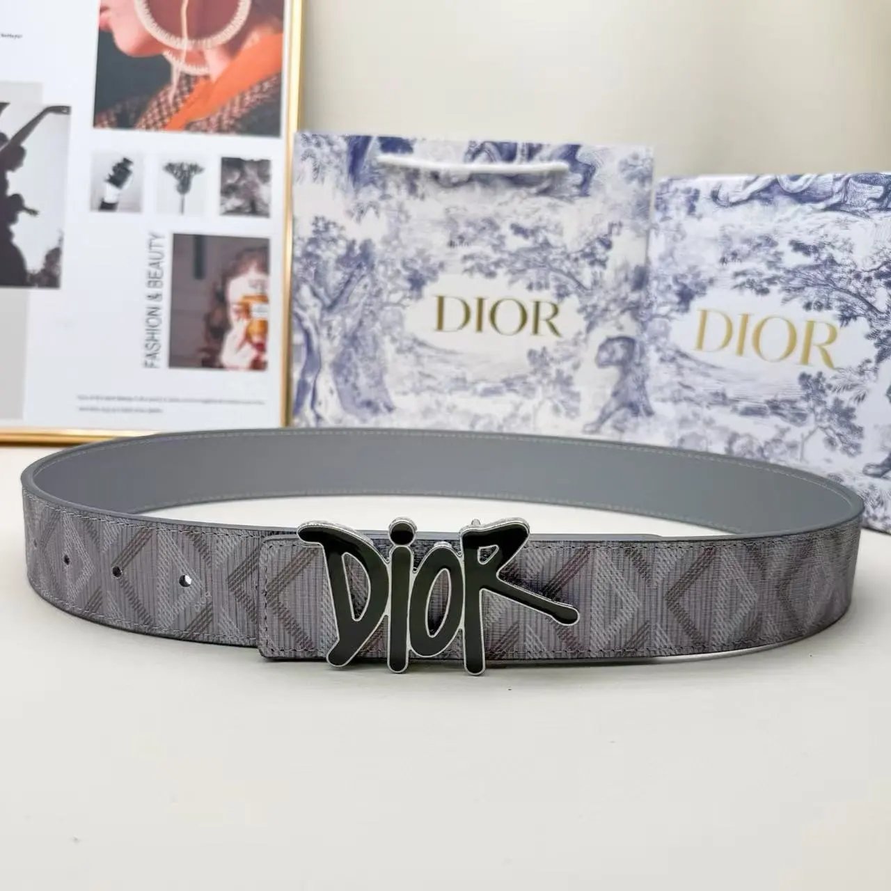 Dior Belts Oblique-pattern belt with logo buckle — Heather-print DR black silver buckle