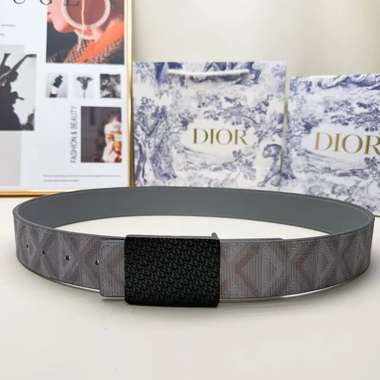 Dior Belts Oblique-pattern belt with logo buckle — Gray printed square small DR with black buckle