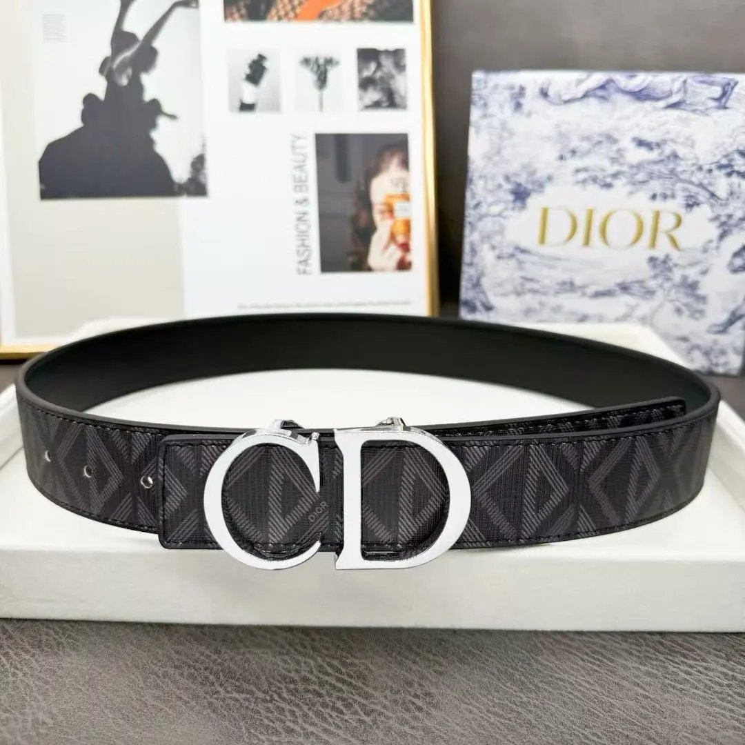 Dior Belts Oblique-pattern belt with logo buckle — Black-printed CD with silver buckle