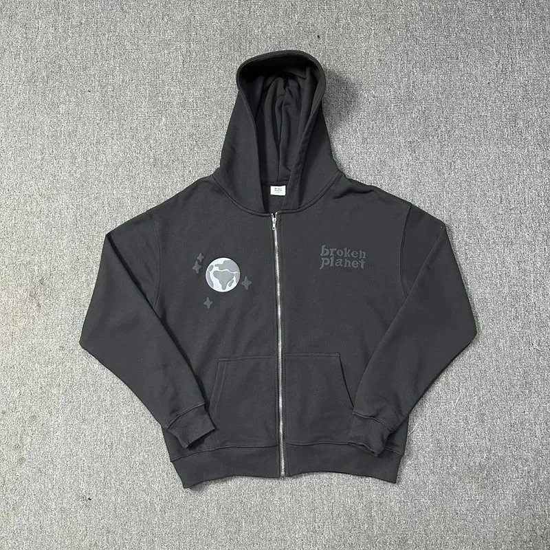 Broken Planet Black Graphic Zip-Up Hoodie