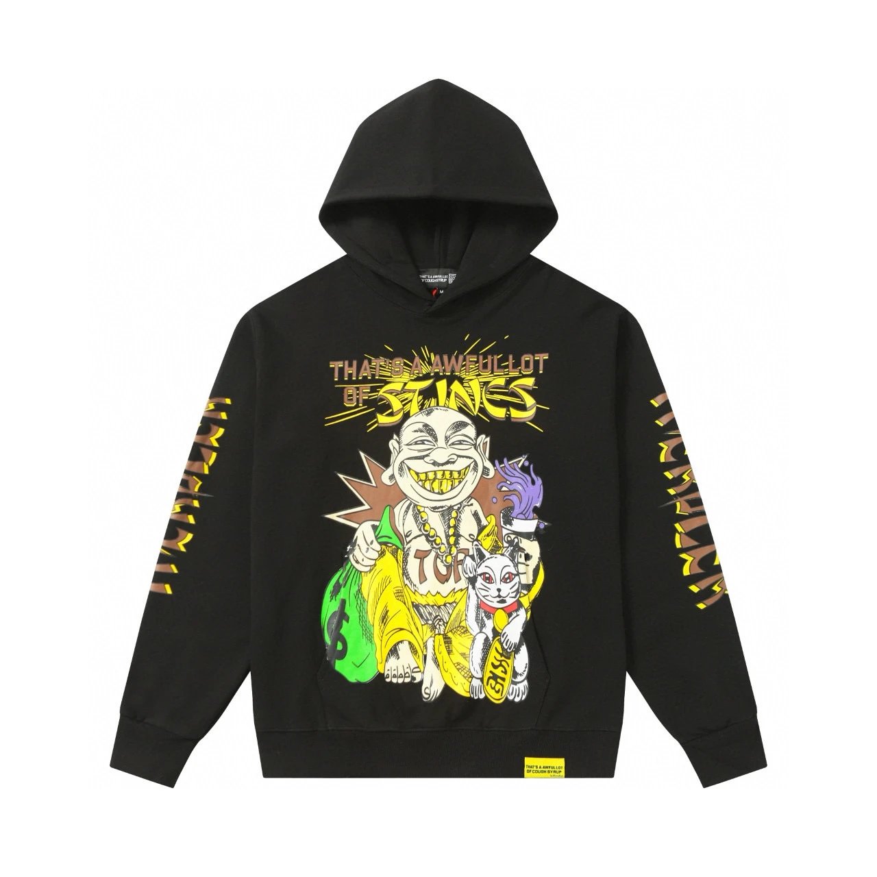 Black Graphic Hoodie With Yellow Text And Cartoon Print Streetwear