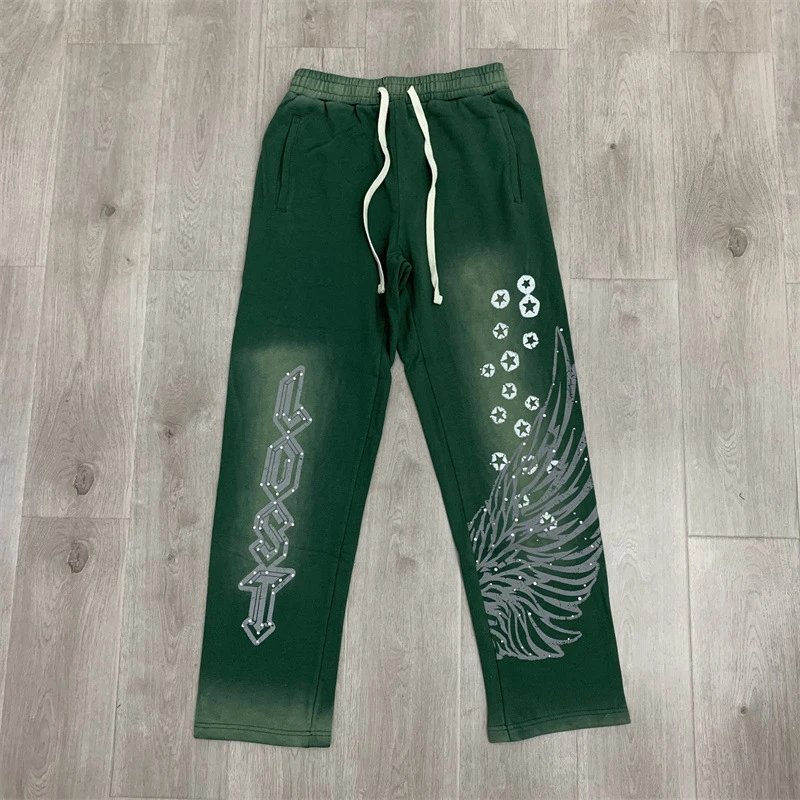 Lost Tracksuits Rhinestone Logo Distressed Zip-Up Hoodie and Jogger Set — L118 green
