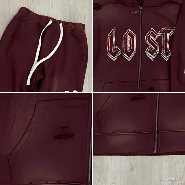 Lost Tracksuits Rhinestone Logo Distressed Zip-Up Hoodie and Jogger Set product detail image 9