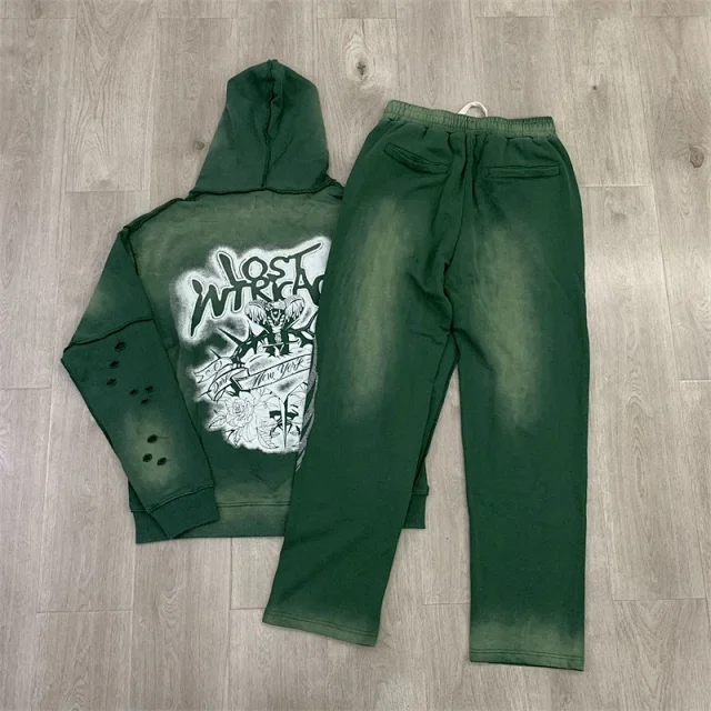 Lost Tracksuits Rhinestone Logo Distressed Zip-Up Hoodie and Jogger Set product detail image 16