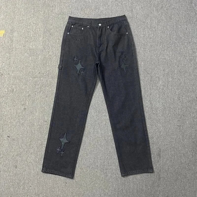 Black Denim Jeans with Star Embroidery Distressed Style