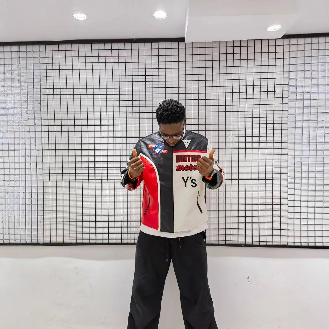 Metro Moto White Red Black Racing Leather Jacket