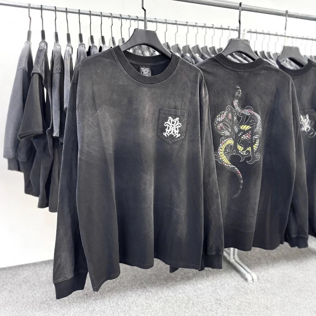 Washed Gray Long Sleeve T-Shirt With Embroidered Pocket Logo Casual