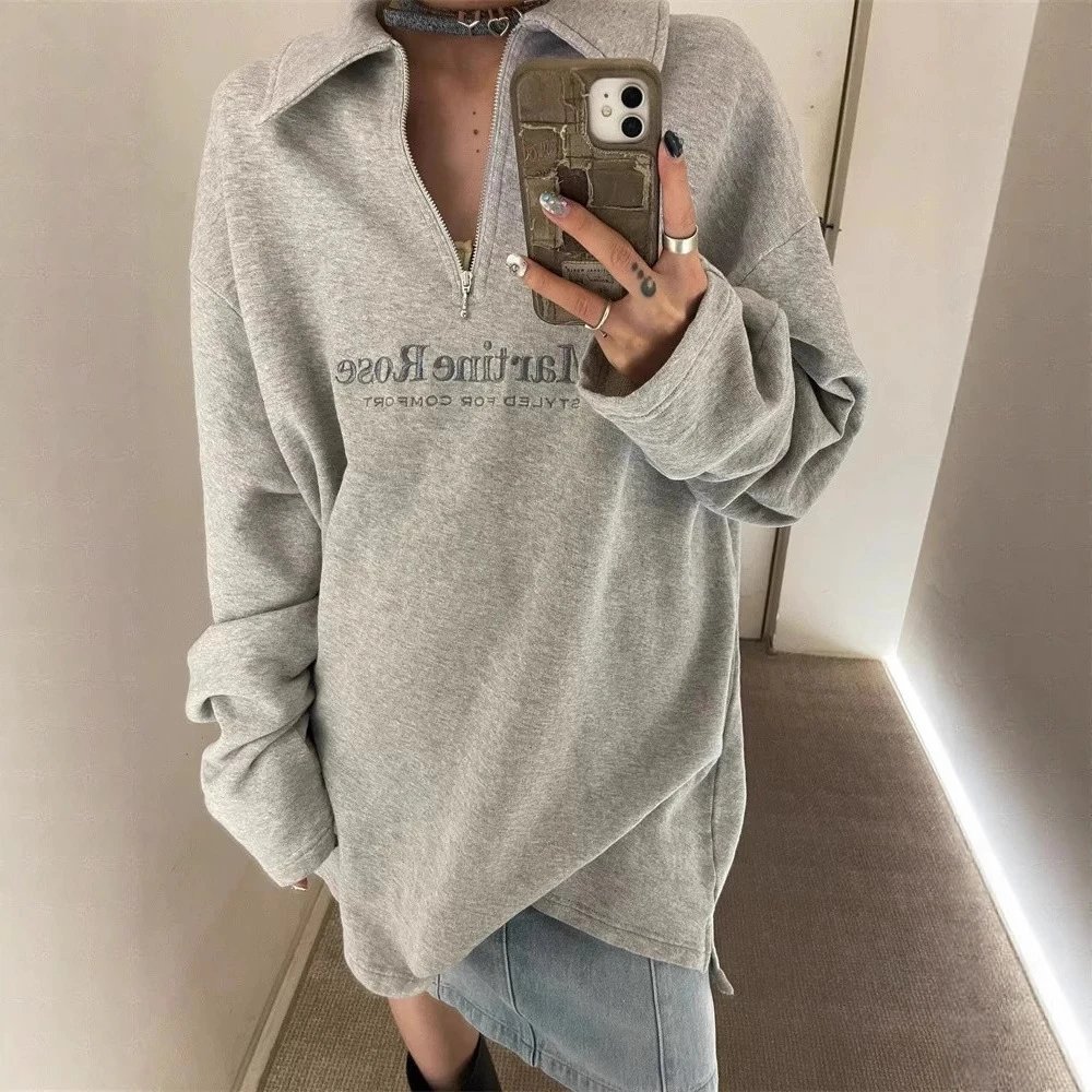 Gray Half-Zip Oversized Sweatshirt with Embroidered Logo and Belted Waist
