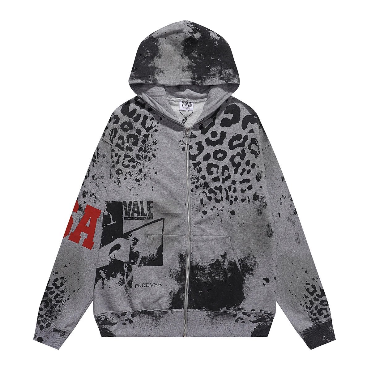 Gray Leopard Print Hooded Sweatshirt with Vintage Graphic Distressed Style