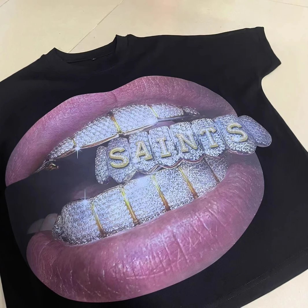 Saints Graphic Print Black Bold Lips T-Shirt