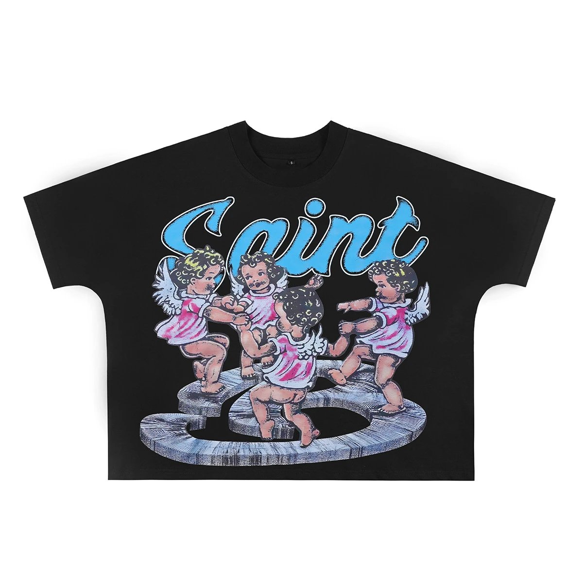 Saint Graphic Print Black Vintage Angel T-Shirt