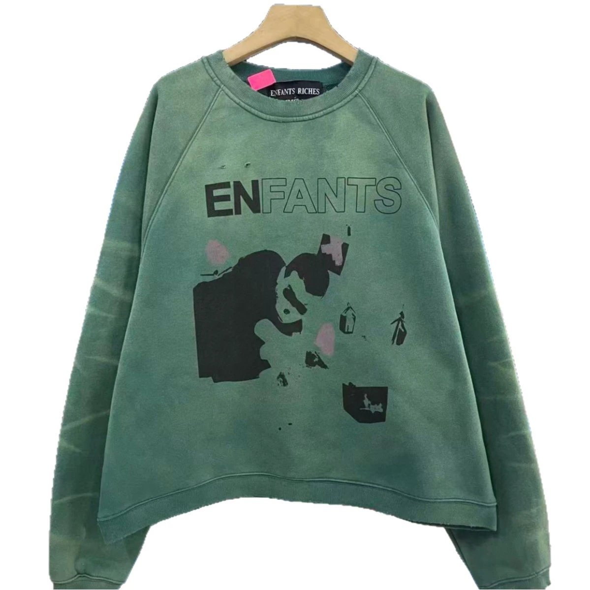 Green Graphic Print Distressed Sweatshirt Oversized Streetwear