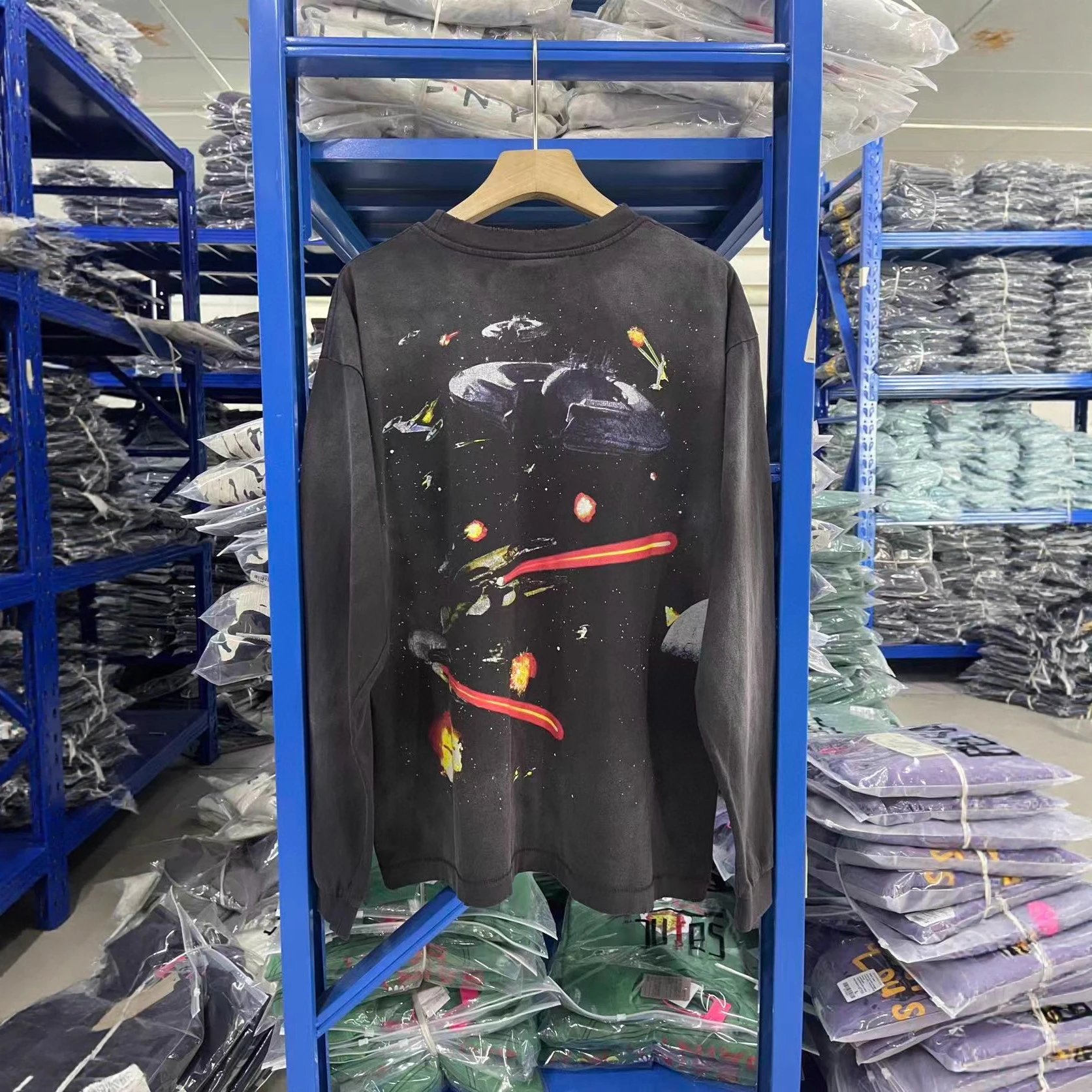 Black Long Sleeve Graphic Print Space Theme Oversized T-Shirt