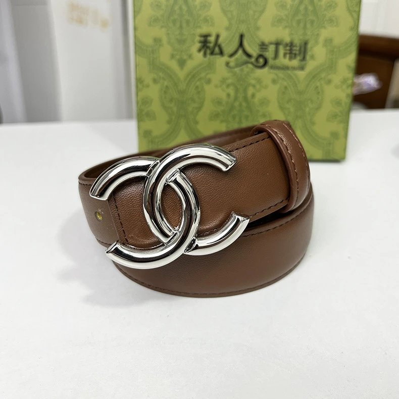 Leather Belt Brown CC Logo Buckle Classic Style