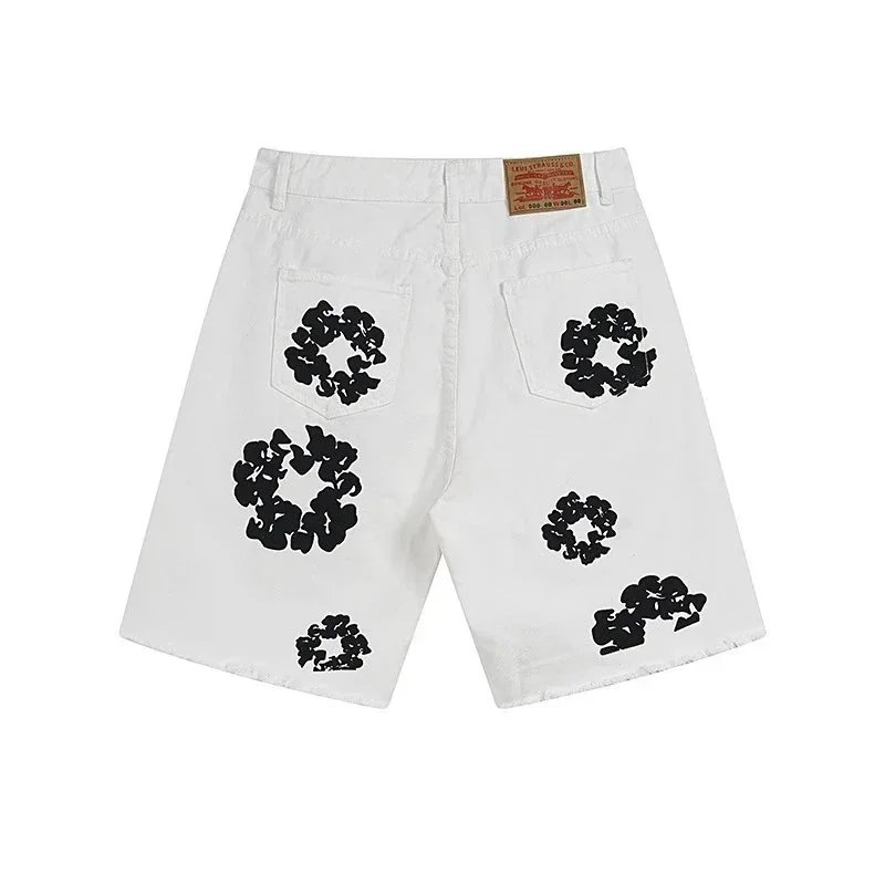 Denim Shorts Blue Black White Floral Embroidered Distressed