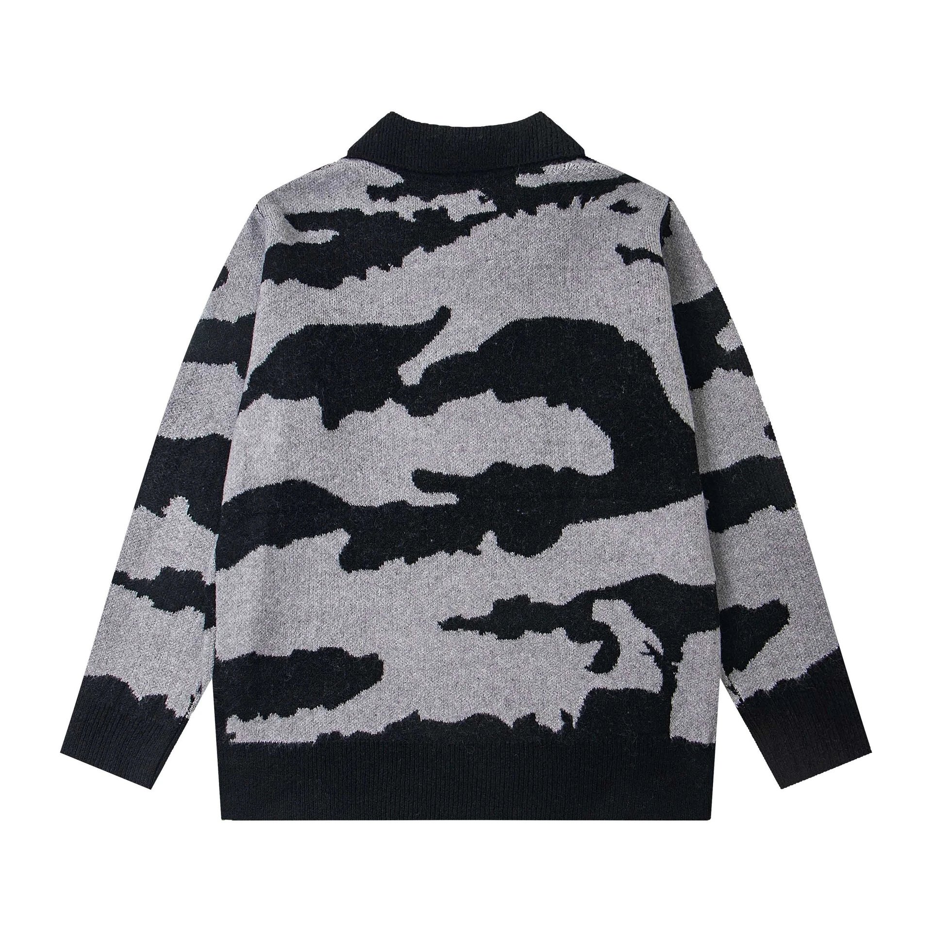 Camouflage Knit Polo Sweater Gray Black Casual