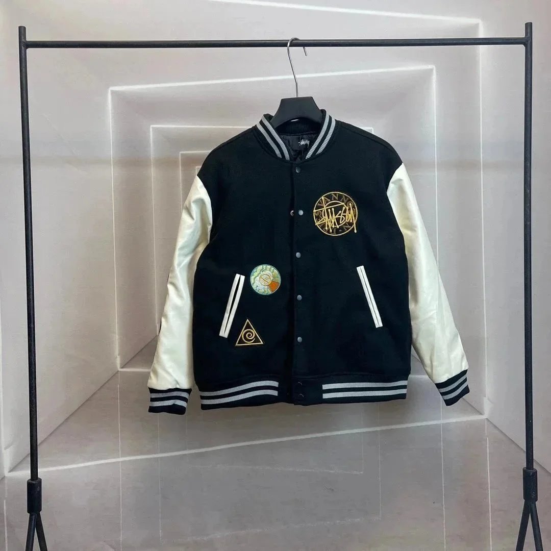 Stussy varsity jacket black cream embroidered patches collegiate