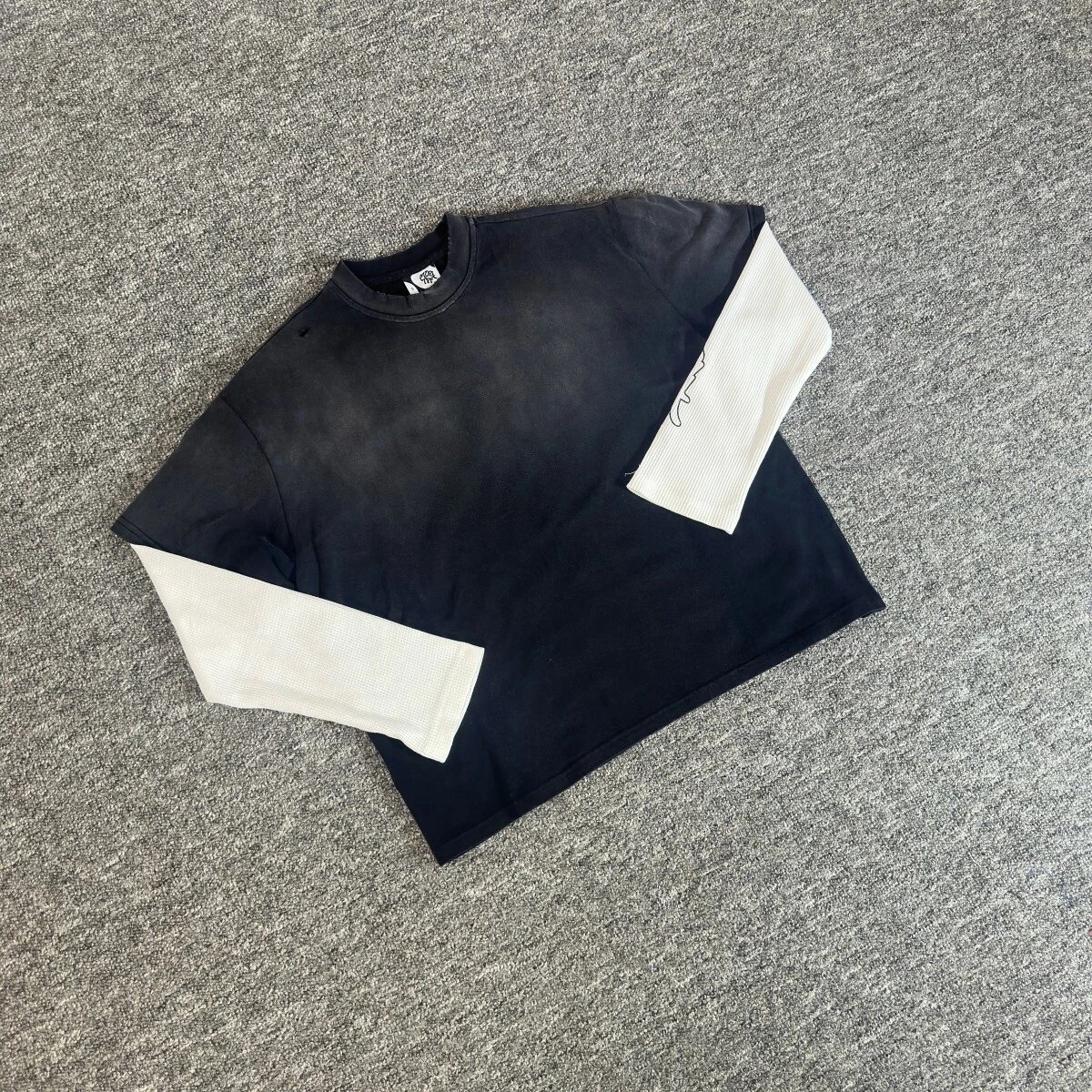 Black Long Sleeve T-Shirt with White Waffle Knit Contrast Sleeves Oversized Streetwear