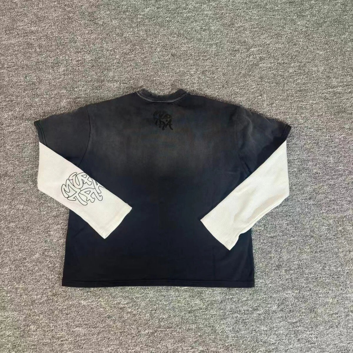 Black Long Sleeve T-Shirt with White Waffle Knit Contrast Sleeves Oversized Streetwear