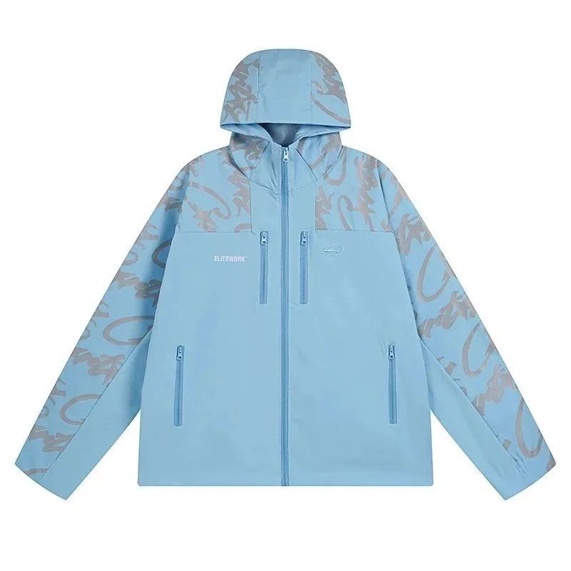 Blitzwerk Printed Hooded Windbreaker Light Blue Black Orange Streetwear