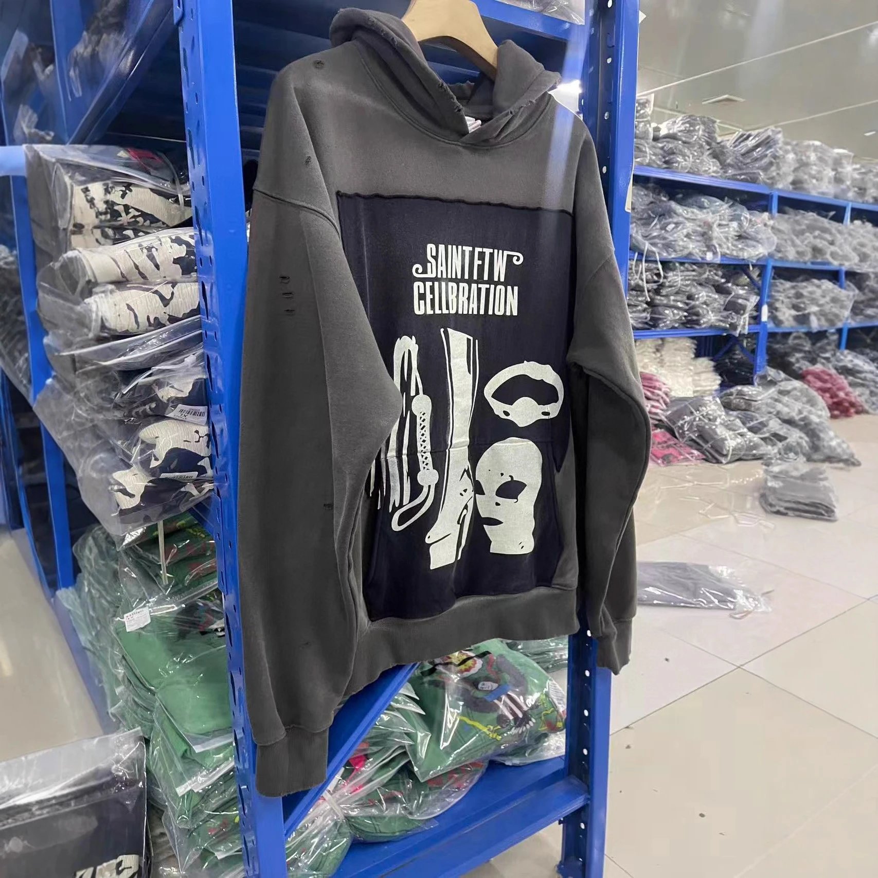 Saint Graphic Print Gray Distressed Hoodie