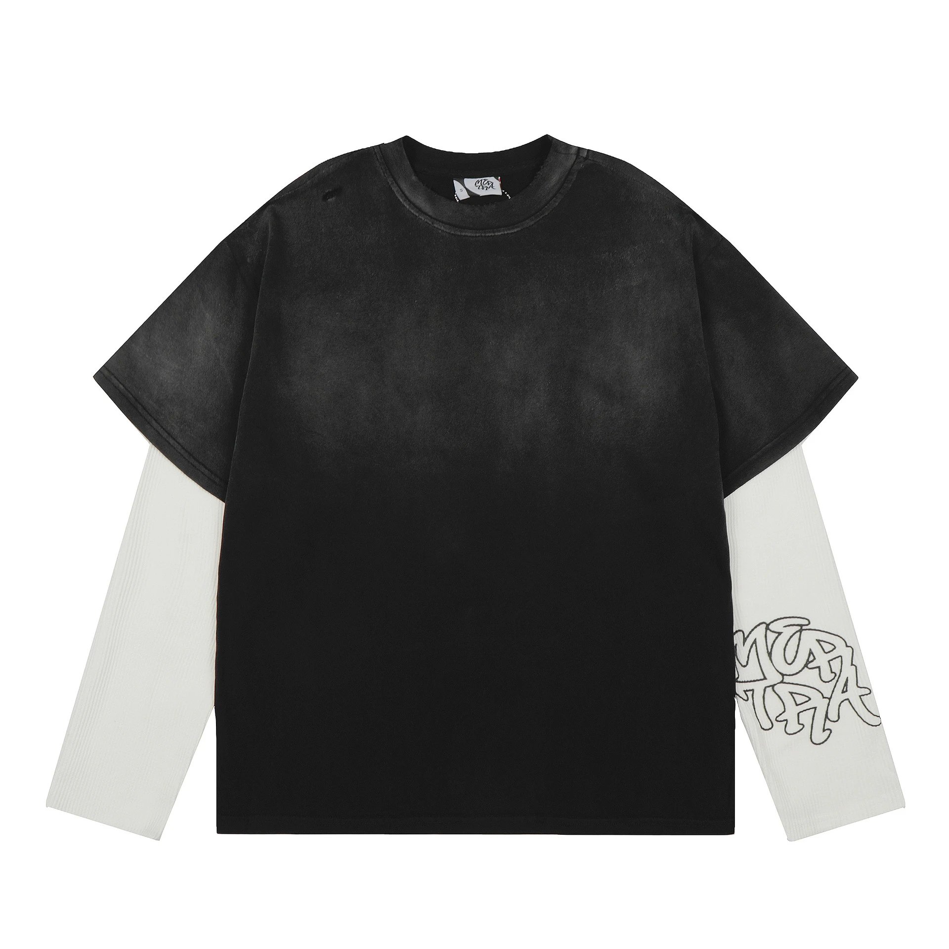 Black Long Sleeve T-Shirt with White Waffle Knit Contrast Sleeves Oversized Streetwear