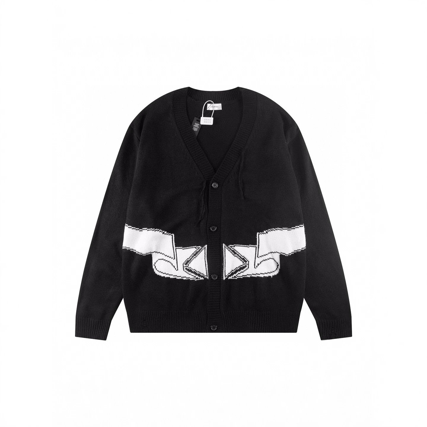 Black Knit Cardigan With White Graphic Pattern Oversized Style