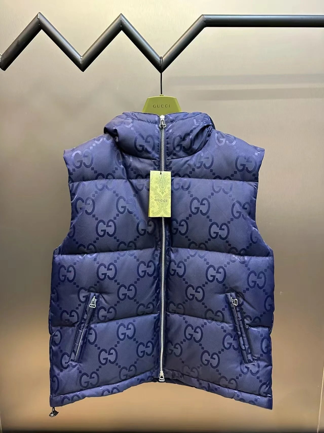 Gucci Vests Hooded Monogram Puffer Vest — Dark blue vest