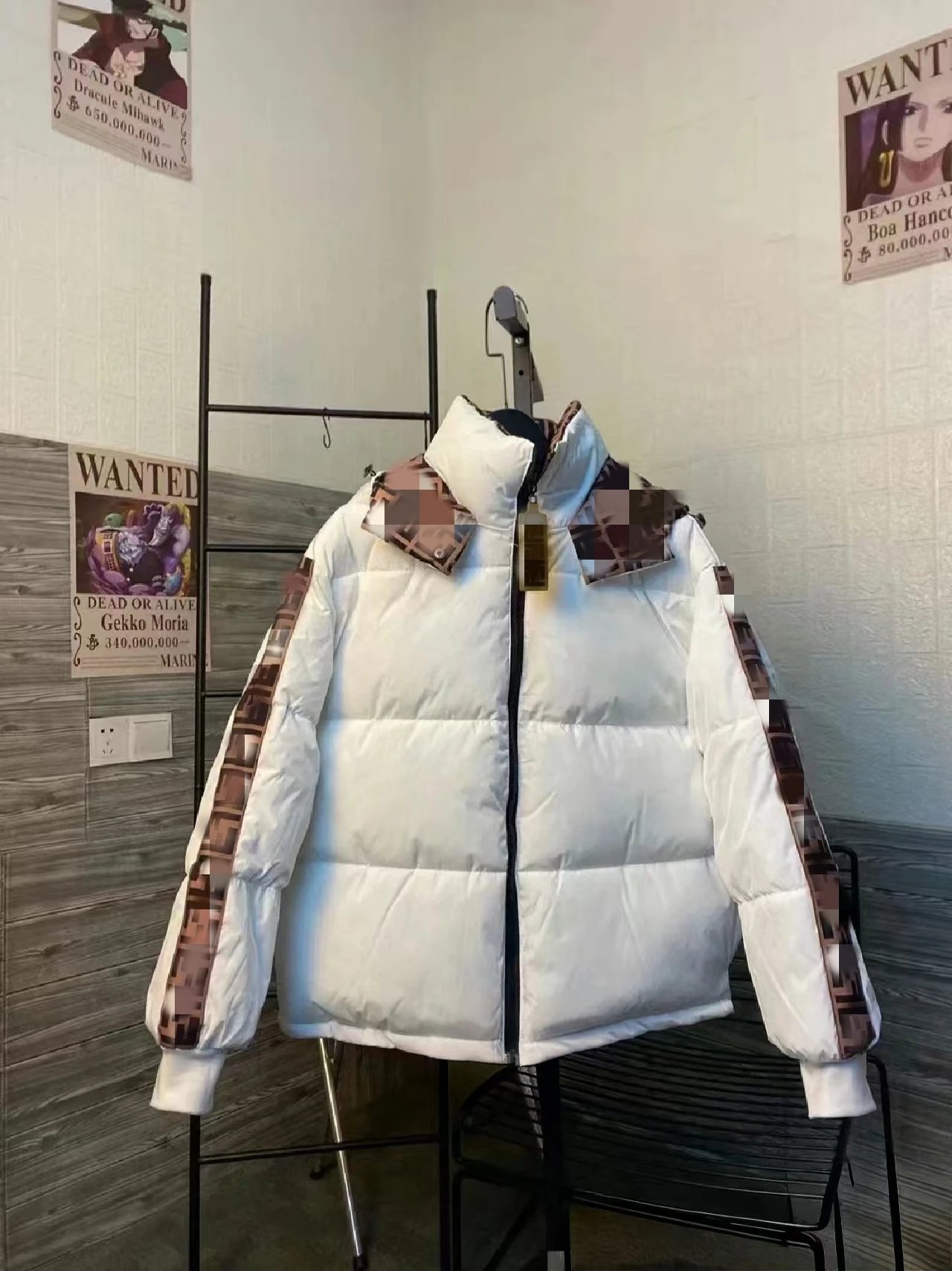 Unbranded Down Jackets Puffer Jacket with Patterned Trim — white