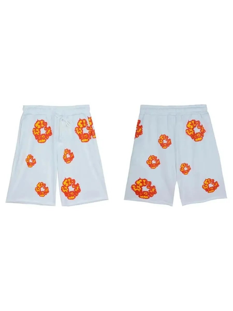 Pixel Flame Print White Black Drawstring Shorts