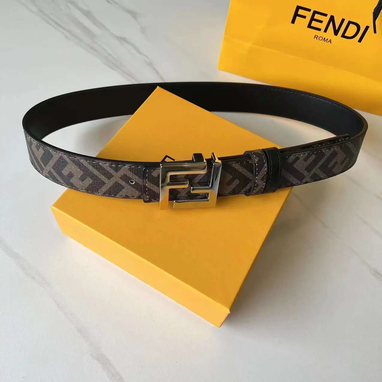 Fendi Belts FF Monogram Double-F Buckle Belt — Coffee-colored gold and silver buckle