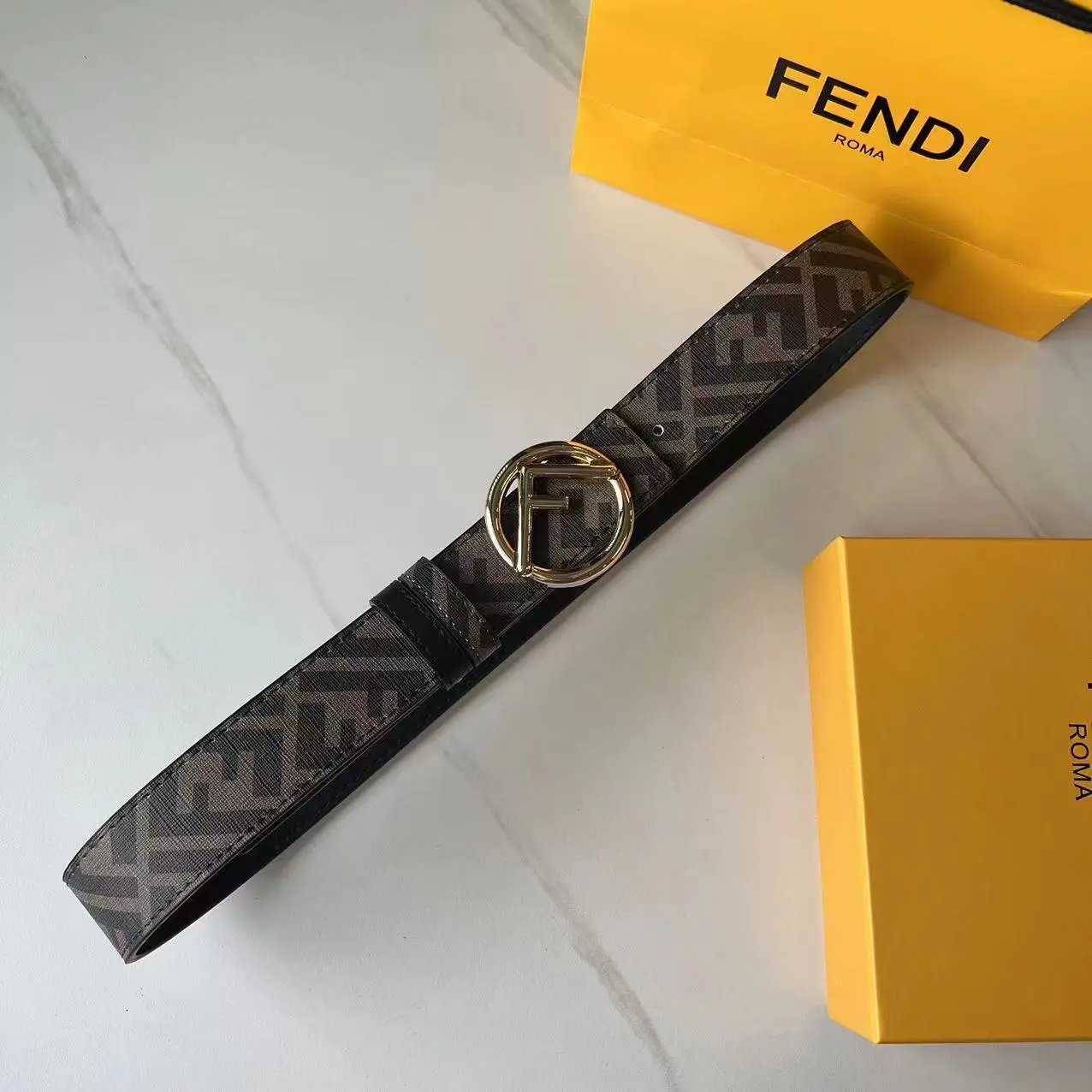 Fendi Belts FF Monogram Double-F Buckle Belt — Coffee-colored round gold buckle