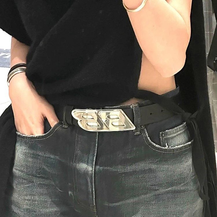 BB Logo Black Leather Buckle Belt