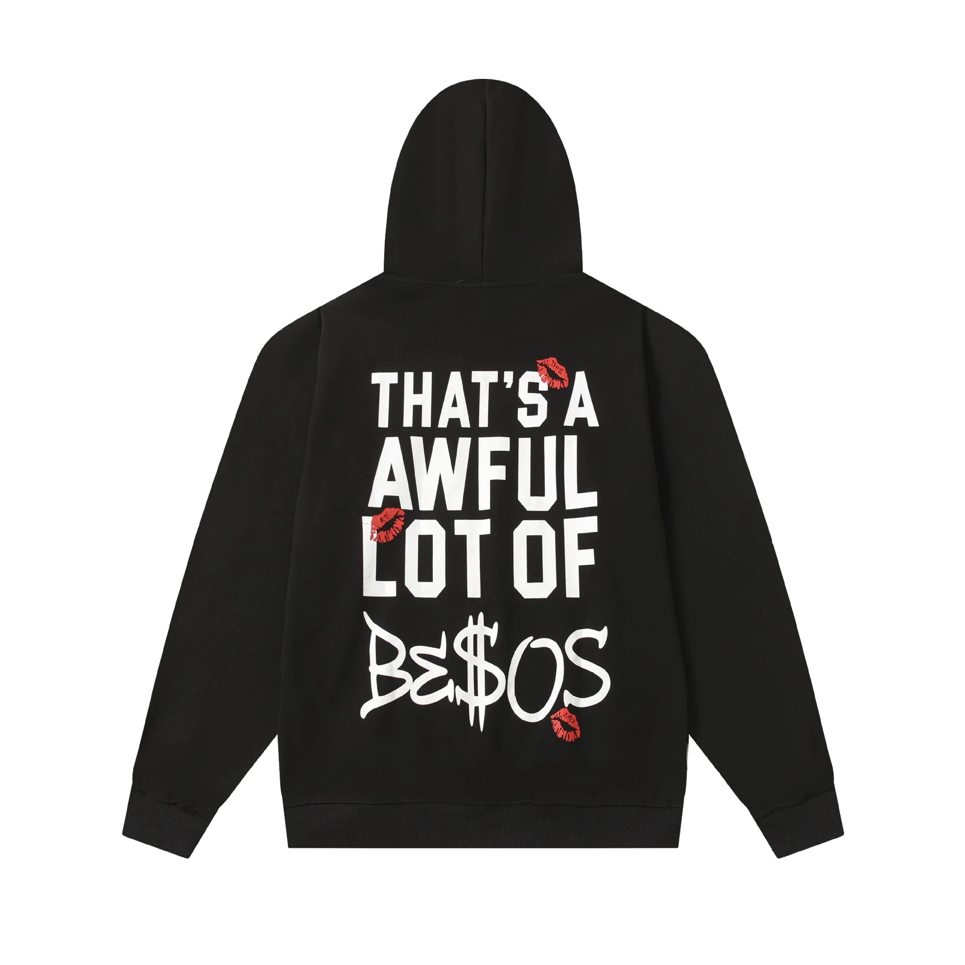 Black Graphic Hoodie With Red Lip Print And Text Statement