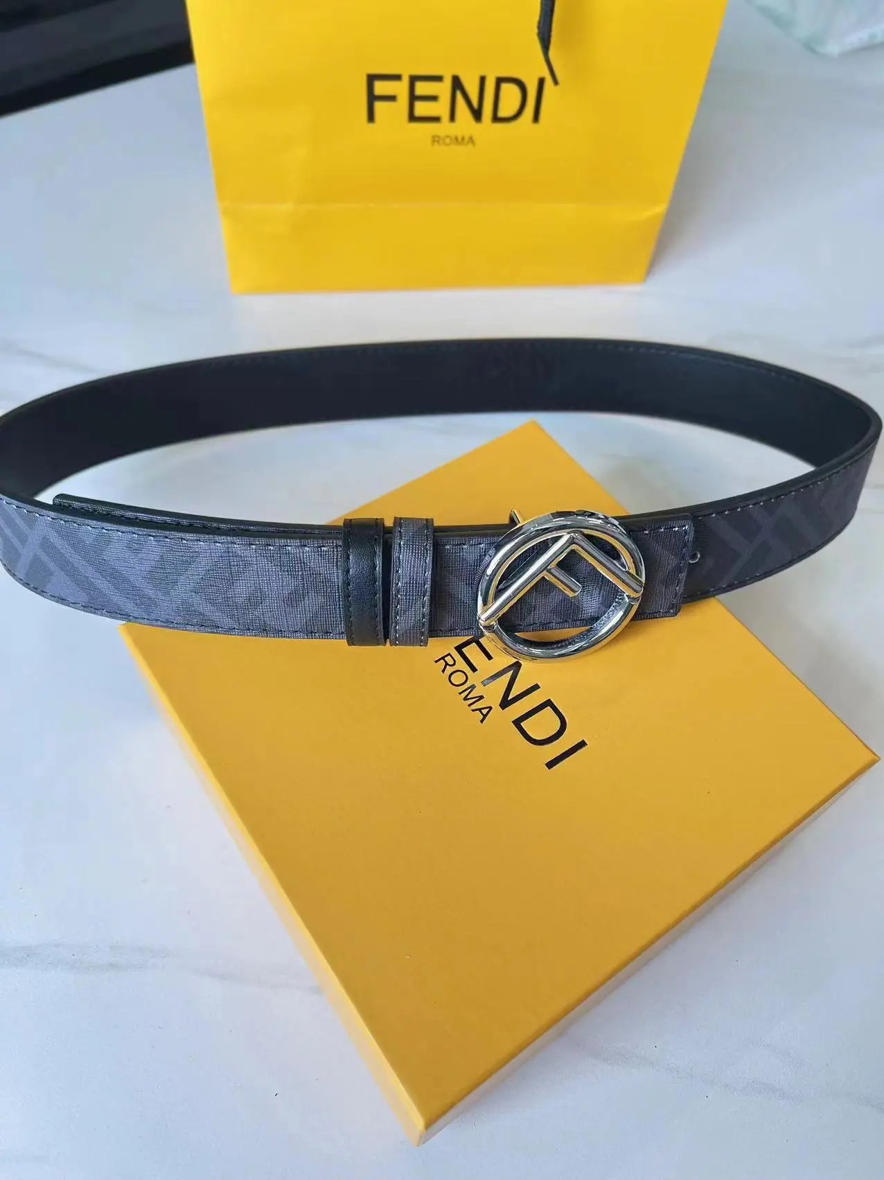 Fendi Belts FF Monogram Double-F Buckle Belt — Black floral round silver buckle