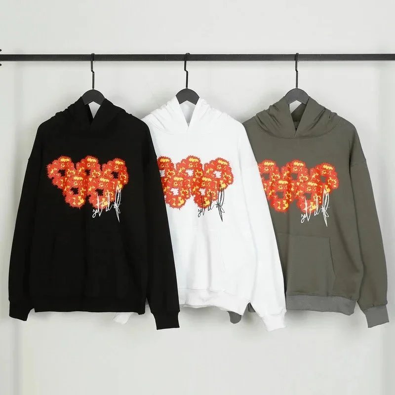 Cotton Hoodie Black White Olive Floral Embroidered Graphic Sweatshirt