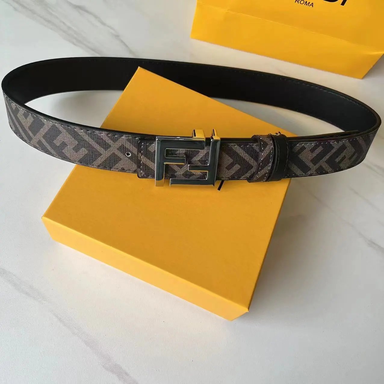 Fendi Belts FF Monogram Double-F Buckle Belt — Coffee-colored silver buckle