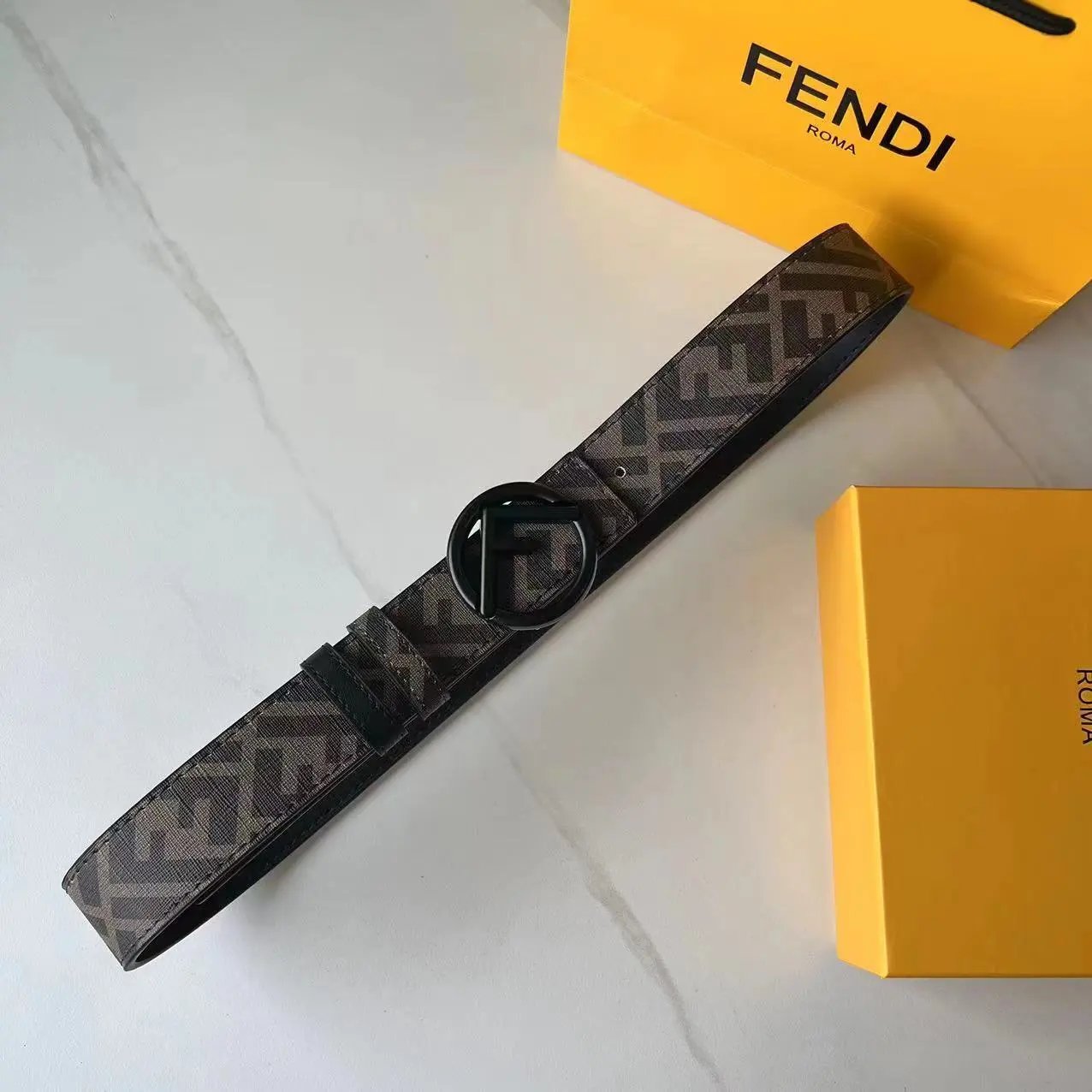 Fendi Belts FF Monogram Double-F Buckle Belt — Coffee-colored round black button