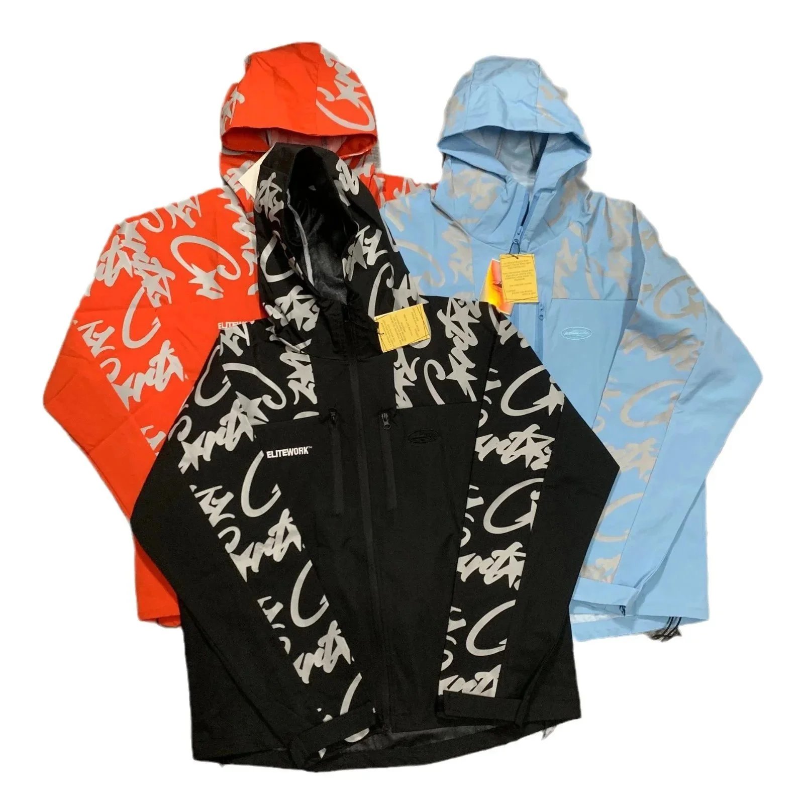 Elitework Graphic Print Black Hooded Windbreaker Jacket