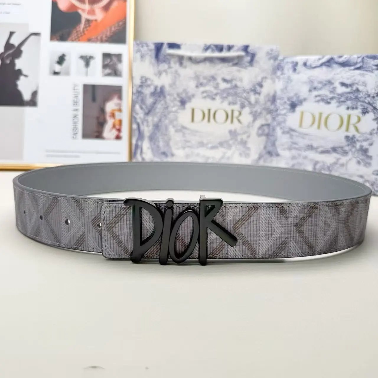 Dior Belts Oblique-pattern belt with logo buckle — Gray printed DR black buckle