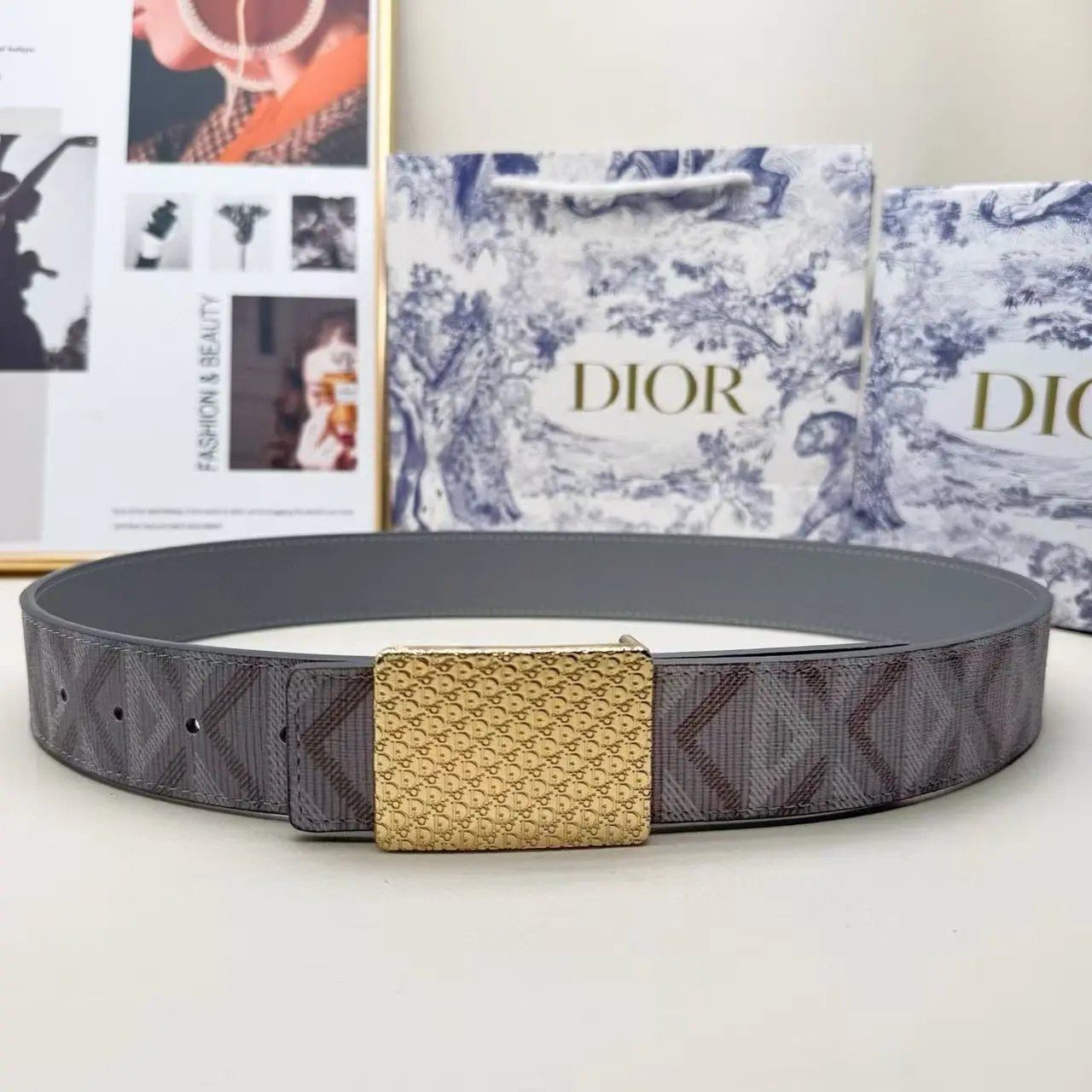 Dior Belts Oblique-pattern belt with logo buckle — Gray printed square small DR gold buckle