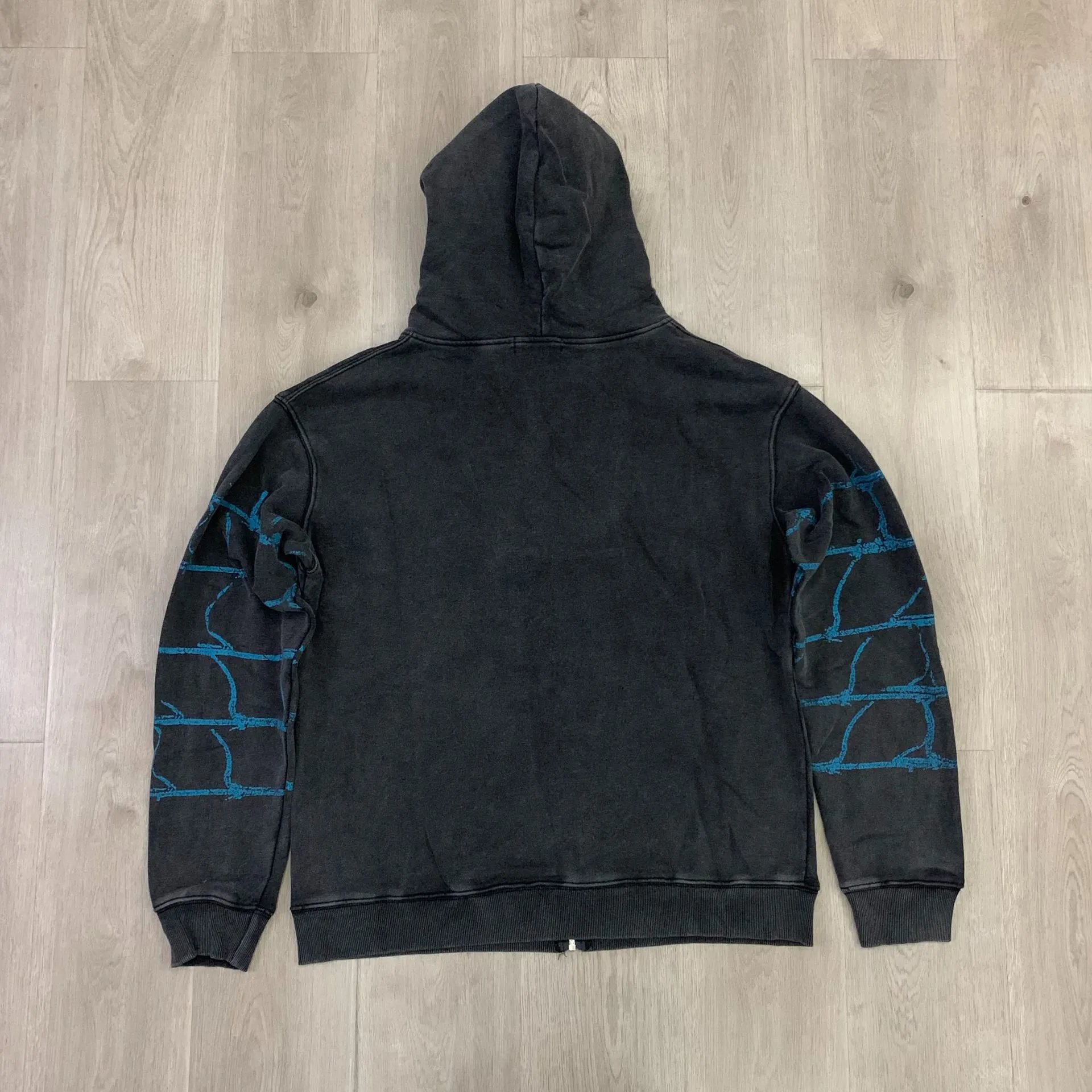 Black Hooded Zip-Up Sweatshirt With Blue Barbed Wire Print