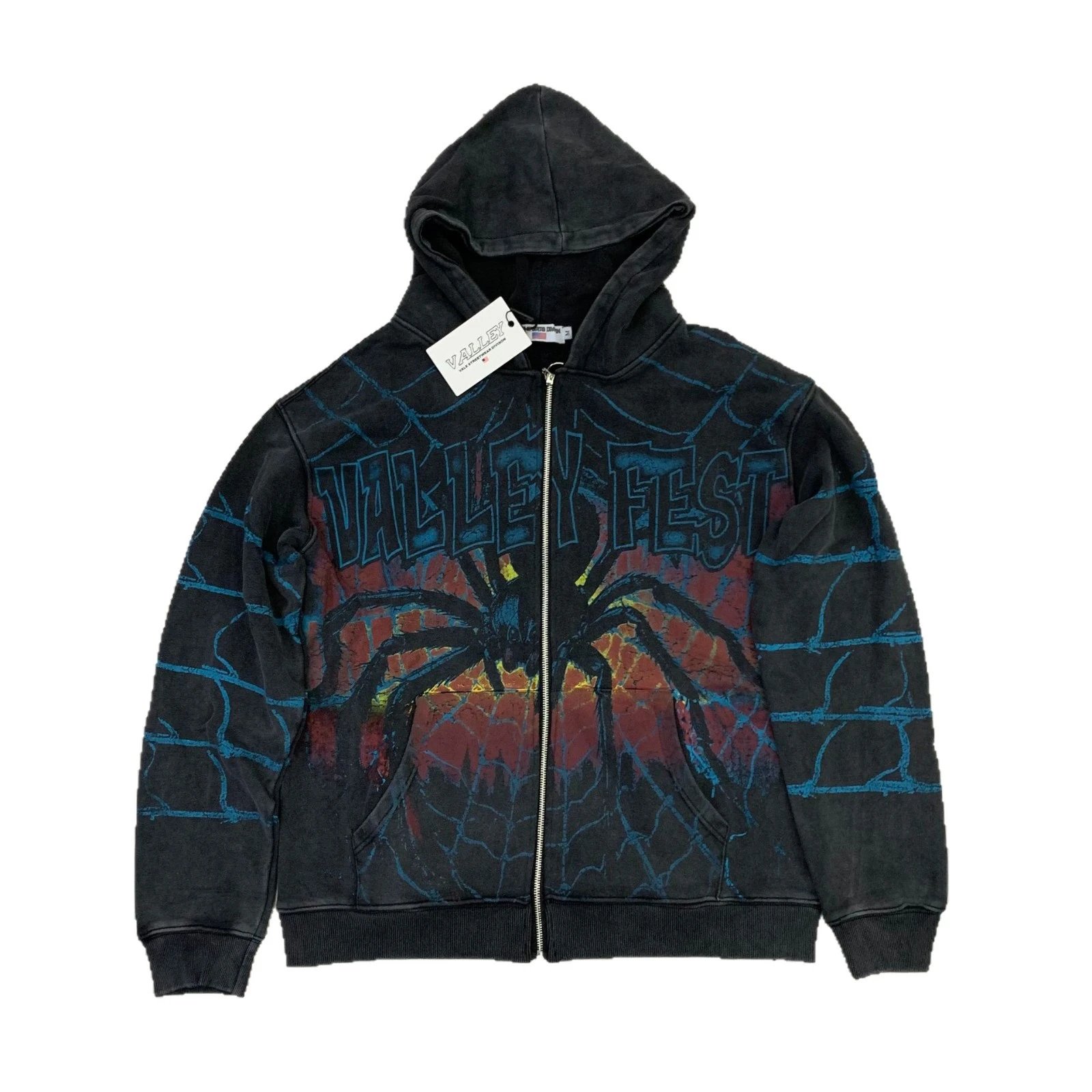 Black Hooded Zip-Up Sweatshirt With Blue Barbed Wire Print