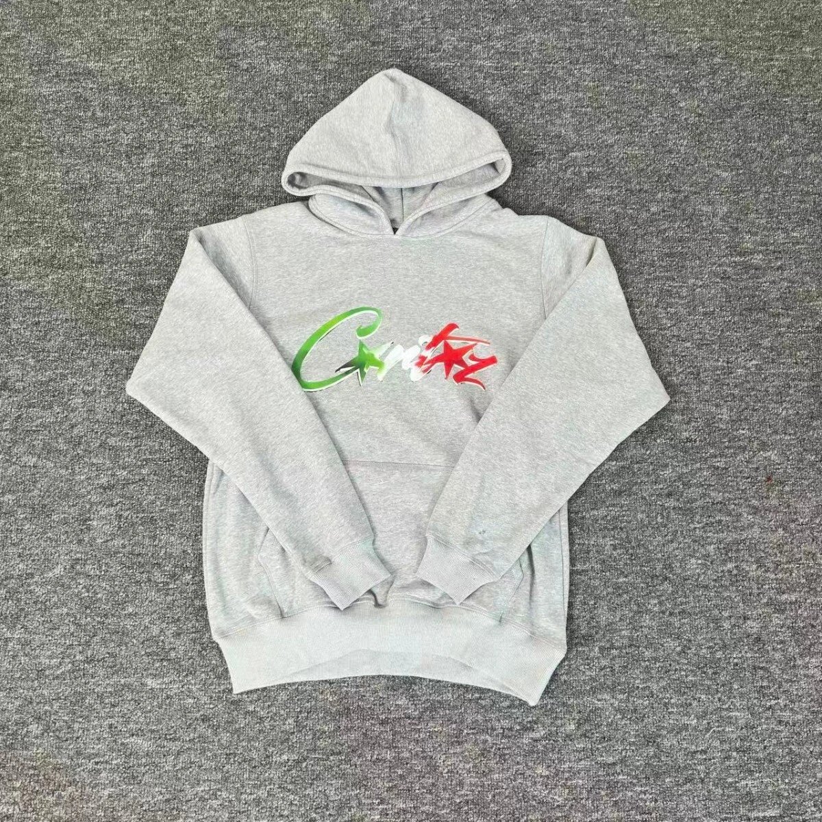 Gray Hooded Sweatshirt With Green And Red Graffiti Logo Casual Pullover