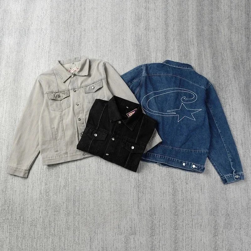 Denim Jacket Classic Gray Black Blue Embroidered Star Trucker