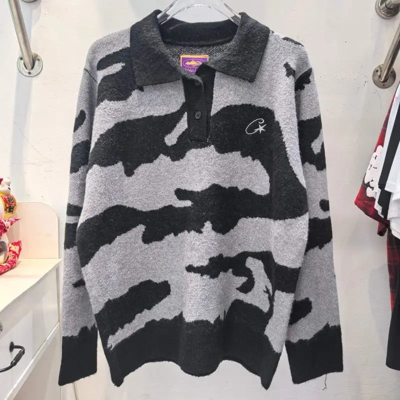 Camouflage Knit Polo Sweater Gray Black Casual