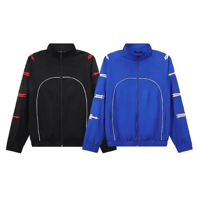 Sporty Track Jacket Black Blue Contrast Stitch Windbreaker