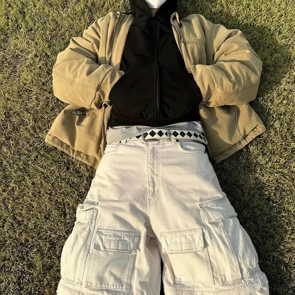 Khaki Oversized Puffer Jacket Black Zip-Up Hoodie White Cargo Pants Streetwear